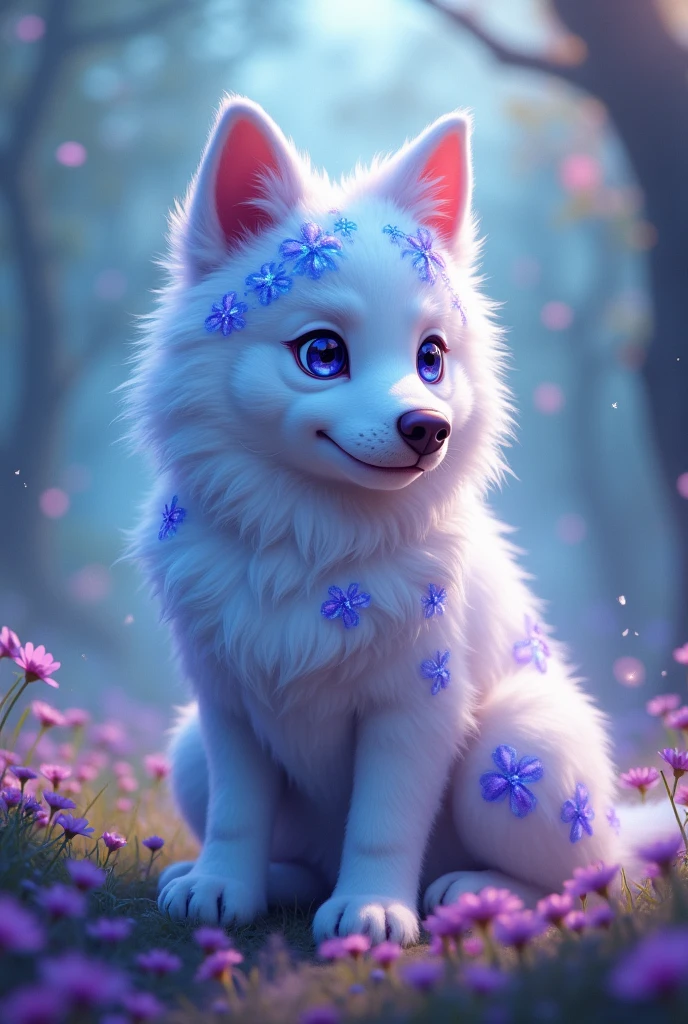 A white dog with blue and purple details