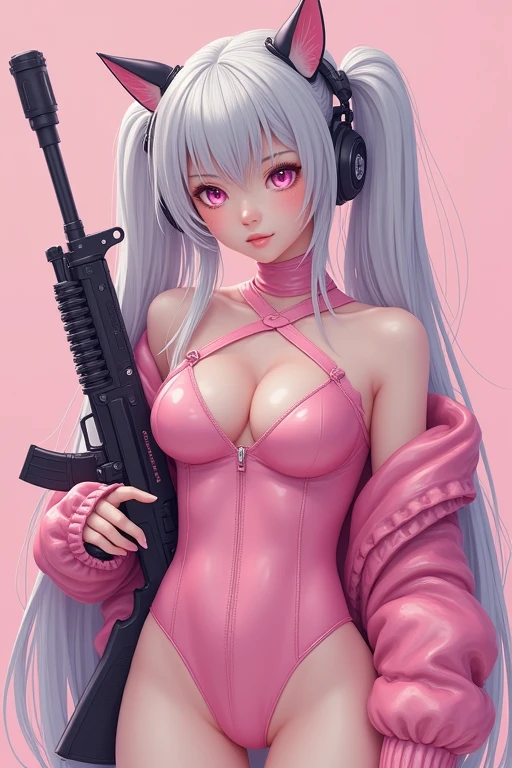 (RAW photo:1.2), (photorealistic:1.4), (masterpiece:1.4), (best quality:1.4), ultra high res, ((detailed facial features)), HDR, 8k resolution, Kpop idol, aegyo sal,1boy, 1girl, animal ears, bangs, blush, bodysuit, breasts, censored, covered navel, fake animal ears, grey hair, gun, headphones, headset, hetero, jacket, large breasts, latex bodysuit, long hair, looking at viewer, mosaic censoring, open mouth, penis, pink bodysuit, pink eyes, pussy, rifle, sex, simple background, skin tight, solo focus, spread legs, twintails, vaginal, weapon, alice (nikke), (masterpiece:1.4), (best quality:1.4), (shiny skin), (slime girl)