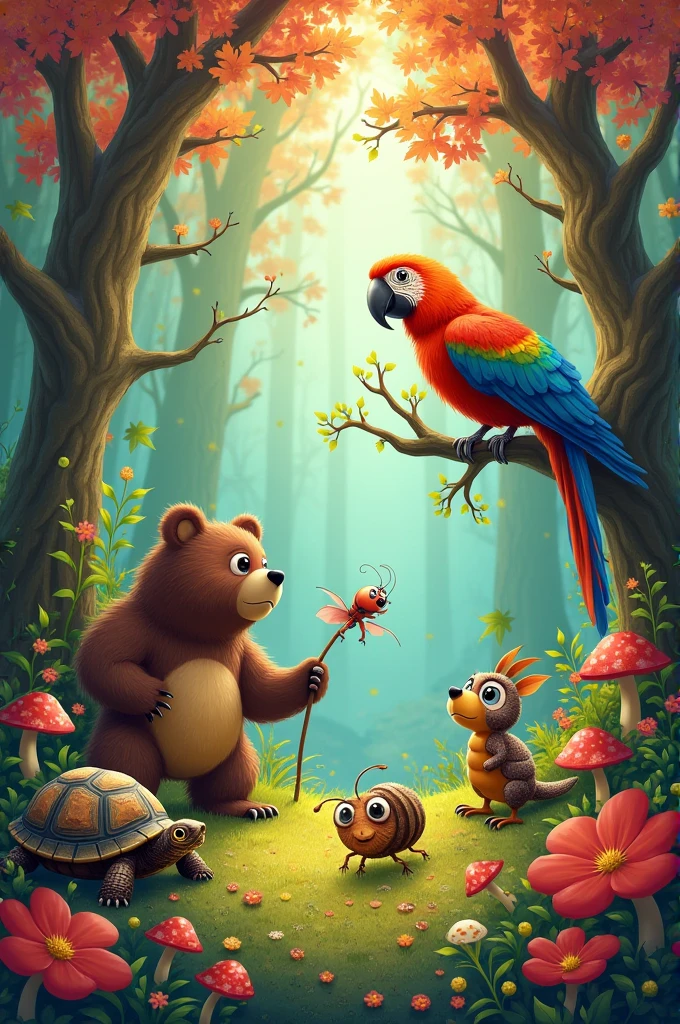 In a forest full of colors, there lived a turtle, an ant, a bear and an animated parrot
