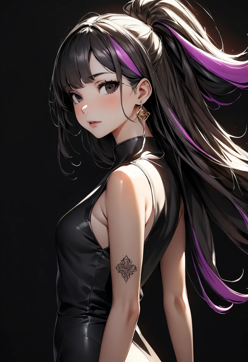 (highest quality:1.2, Very detailed, up to date, Vibrant, Ultra-high resolution, High Contrast, masterpiece:1.2, highest quality, Best aesthetics), Portraiture、girl、((25-years-old:1)), long hair、black and purple ((streaked hair:1.6)), highlights hair: 1.5, brown eyes, gold earrings, ((slim body:1.4)), (small :0.7), (dark skin:0.7)), black Cheongsam, Beautiful fine details、Bright colors、Beautiful lip detail, standing, (Floral Fineline tattoo design on left arm:1), ((Plain black background:1.6)), lineart, ((monochrome:1.7)), (cowboy shot), clean line drawings,