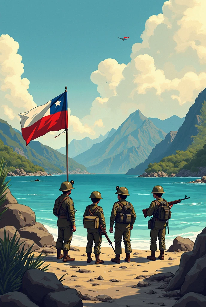 Make me an easy drawing of the "Pacific War" in the style of the "serie gravity falls" that deals more with the countries of "boivia", "Peru and Chile" Make a guerrilla from the country of Bolivia ,From Peru and Chile, the 3 soldiers are facing each other and looking at each other with a weapon and uniform fighting in the Pacific War for the struggle of the sea. Add a landscape like the sea and Cambate and mountains and carrying weapons and also as a background something catastrophic with bodies on the floor and lifeless and add the 3 flags of the countries of Bolivia. , of Chile and Peru waving in the wind but having the drawing style of the "serie gravity falls" yes osi in the style of this series