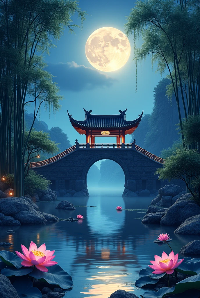 (Beautiful ancient Chinese architecture, Moonlight twinkle, Lake at night, The shade of the bamboo forest, Arch of the stone bridge, Gurgling Water, Stone pavement in rock garden, Blooming lotus, Hot Spring Water Vapor, Auspicious moonlight illustration: 1.0), A magnificent composition, Ultra-detailed and realistic, Highly realistic lighting, Best wallpaper quality, masterpiece. (Highly detailed CG Unity 8k wallpaper) . 