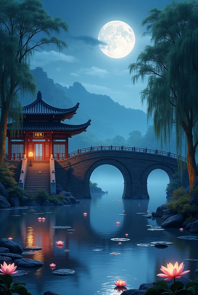 (Beautiful ancient Chinese architecture, Moonlight twinkle, Lake at night, The shade of the bamboo forest, Arch of the stone bridge, Gurgling Water, Stone pavement in rock garden, Blooming lotus, Hot Spring Water Vapor, Auspicious moonlight illustration: 1.0), A magnificent composition, Ultra-detailed and realistic, Highly realistic lighting, Best wallpaper quality, masterpiece. (Highly detailed CG Unity 8k wallpaper) .