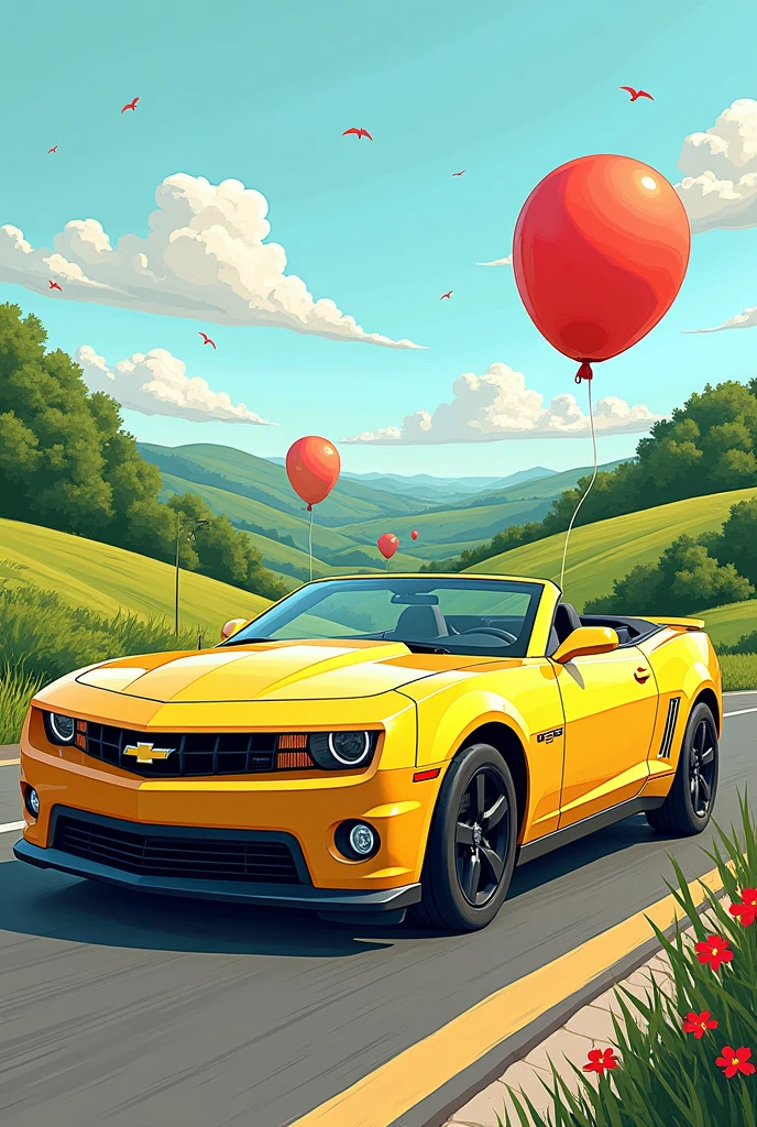 A birthday panel A yellow Camaro car, in a landscape In drawing, Horizontal