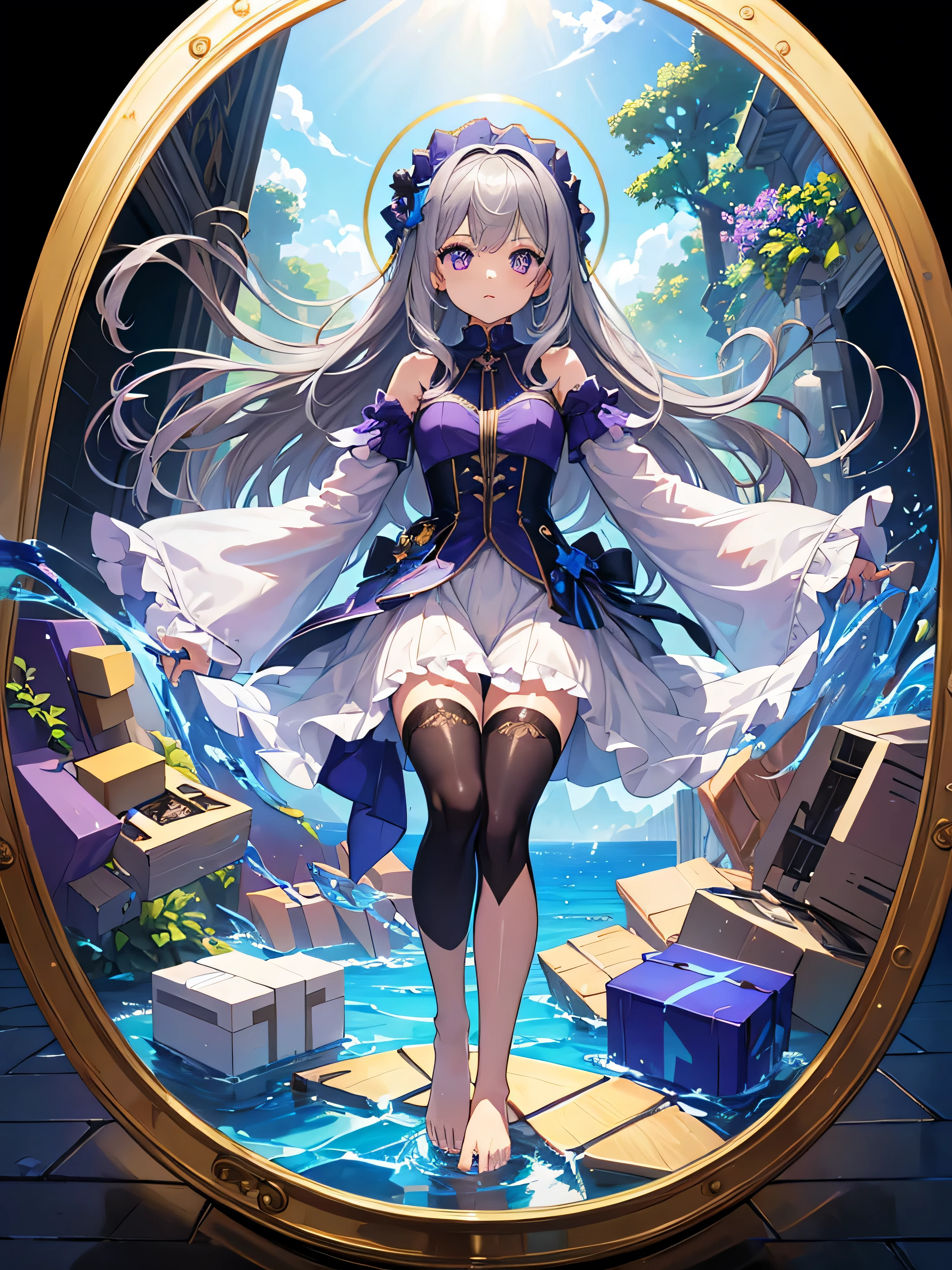 [(Transparent Background:1.5)::5],(((masterpiece))),(((Highest quality))),(((Very detailed))),figure, One girl,alone,mysterious,Bright colors,Shiny, In the water, transparent sealed hemispherical glass dome, (Gray Hair),(Purple eyes), whole body,barefoot,Long hair Gentle nature, Require,In the water, dome,close,Dynamic Action,Lens Perspective,(((Box Configuration))),Cross one&#39;s legs and lean against the bookshelf, Volumetric lighting, Multicolored eyes, Detailed eyes, Super detailed,A light smile, Very detailed, beautiful, The finer details, Super detailed, Highest quality, Complex, 4K, 8k, Trending on Art Station, Excellent anatomy, beautiful lighting, Award-winning,