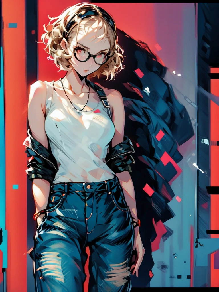 ((chibi)), big head, focus face, in the art style of persona5, (masterpiece:1.2, highest quality), (Realistic, photoRealistic:1.4), Beautiful illustrations, (Natural Side Lighting, Cinema Lighting), Written boundary depth, Beautiful thighs staring at the viewer, 1 female, 20-year-old, alone, thin, slender, (small breasts), short Hair, curly Hair, Forehead, Forehead, Forehead, Forehead, thin, slender, glasses, ((white tight tank top, Distressed denim pants, low rise baggy pants)), Are standing