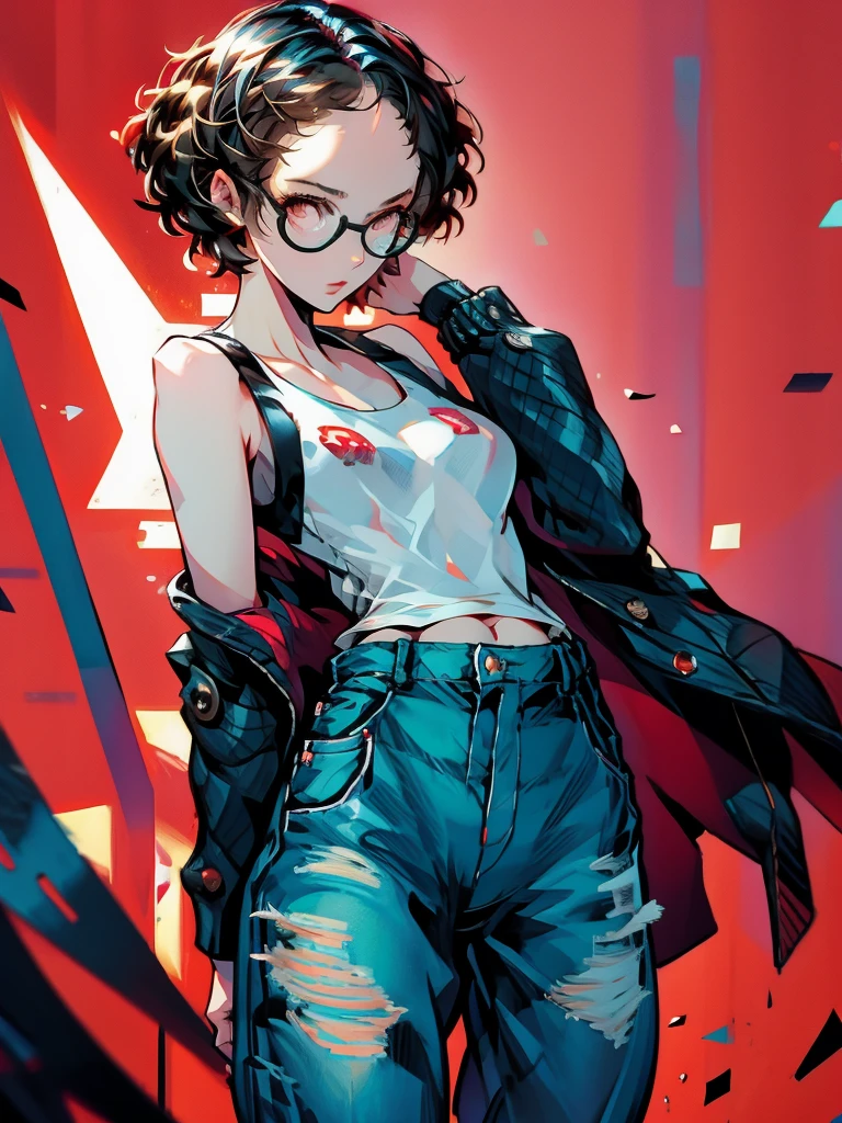 ((chibi)), big head, focus face, in the art style of persona5, (masterpiece:1.2, highest quality), (Realistic, photoRealistic:1.4), Beautiful illustrations, (Natural Side Lighting, Cinema Lighting), Written boundary depth, Beautiful thighs staring at the viewer, 1 female, 20-year-old, alone, thin, slender, (small breasts), short Hair, curly Hair, Forehead, Forehead, Forehead, Forehead, thin, slender, glasses, ((white tight tank top, Distressed denim pants, low rise baggy pants)), Are standing