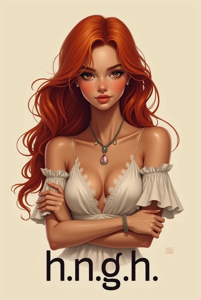 Long red hair girl logo, very dark brown eyes, brown skin, small breasts, PEChOS PEQUEÑOS nO LOS hAgAS gRAnDES nO QUIERO PARECER OPERADA rostro redondo, Red cheeks, animal prince strappy blouse, Crossed arms, abajo que diga h.n.g.h. LOgO