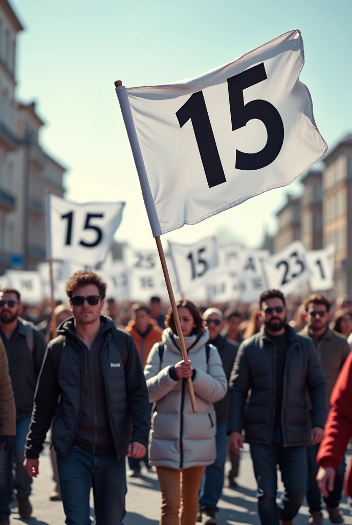 Multiple people walking, holding white flags with the number 15