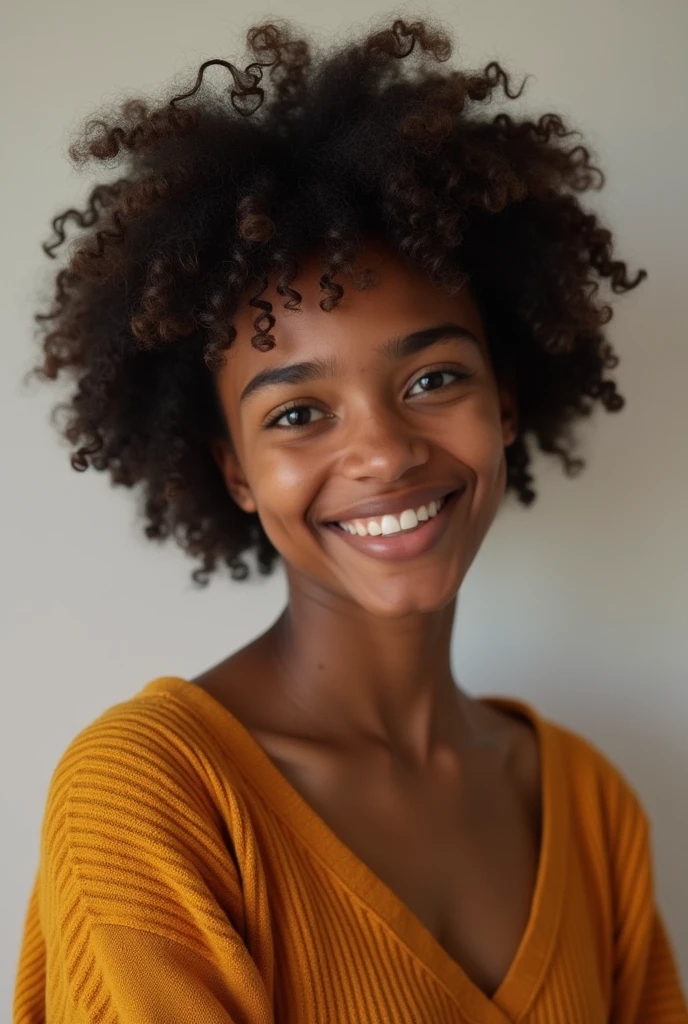 A young 23 year old black student with curly hair, cute and a bit shy.