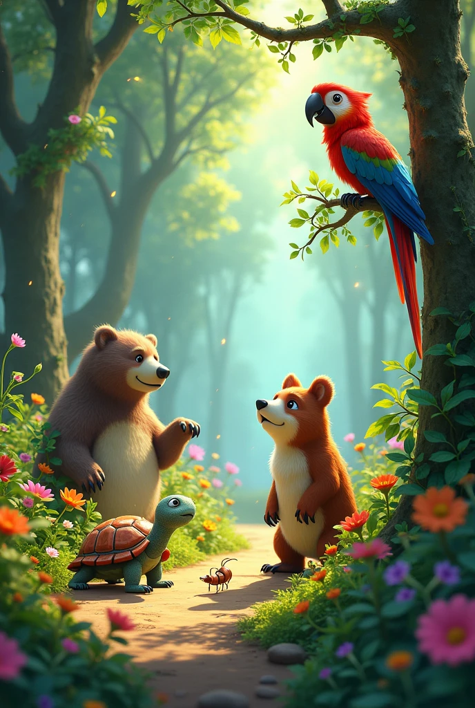 In a forest full of colors, there lived a turtle, an ant, a bear and an animated parrot