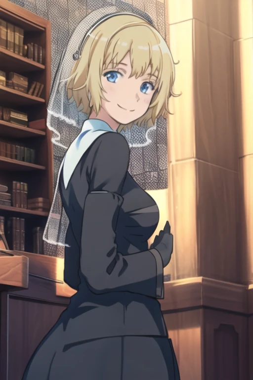 Solo, 1girl, orsolaAquinas, smile, short hair, blue eyes, blond hair, long sleeves, black dress, long skirt, medium breasts, white gloves, nun, habit, nun veil,Masterpiece, Best Quality, 