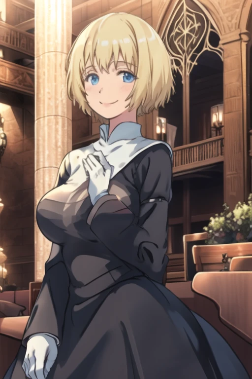 Solo, 1girl, orsolaAquinas, smile, short hair, blue eyes, blond hair, long sleeves, black dress, long skirt, medium breasts, white gloves, nun, habit, nun veil,Masterpiece, Best Quality, 