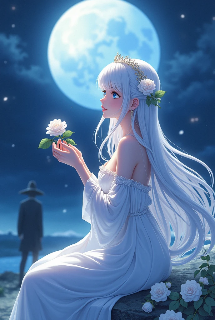 anime, beautiful woman with long white hair, blue eyes, sitting looking at the moon, holding a white rose with her hands, while someone watches her
