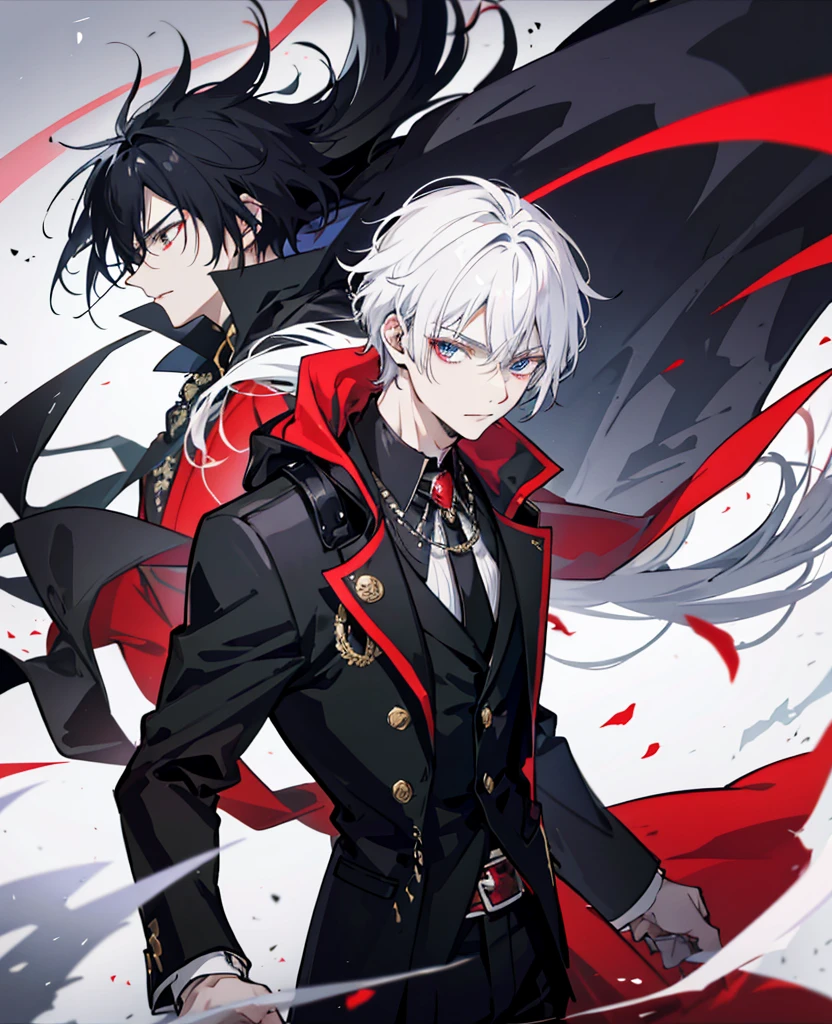 anime style image，Man wearing black suit and red cloak, Handsome guy in the art of slaying demons, Wearing a black noble suit, Inspired by Hiro Yamagata, Exquisite androgynous prince, beautiful androgynous prince, Male anime characters, androgynous vampire, Handsome male vampire, Alucard, author：Yang Jie, steampunk aesthetic,((white hair)),dynamic angle,dynamic pose,prison background,jeil background,