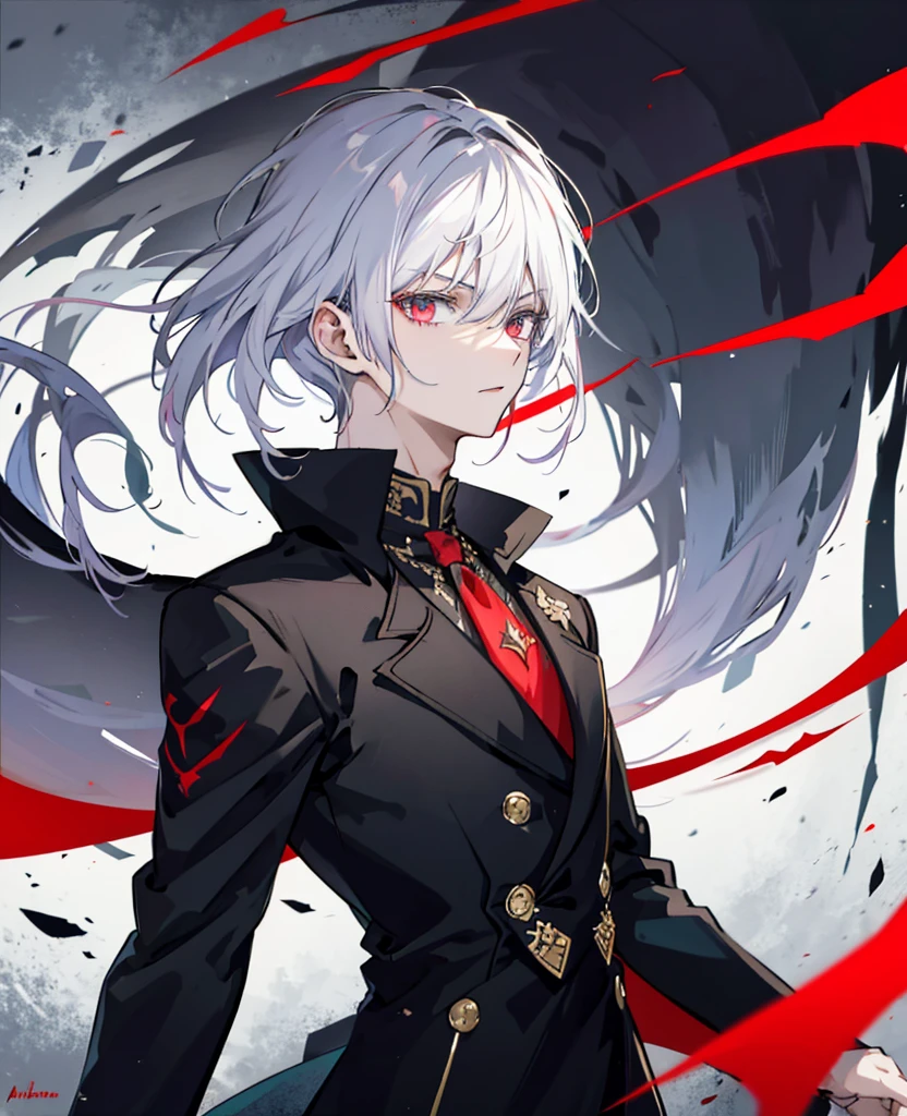 anime style image，Man wearing black suit and red cloak, Handsome guy in the art of slaying demons, Wearing a black noble suit, Inspired by Hiro Yamagata, Exquisite androgynous prince, beautiful androgynous prince, Male anime characters, androgynous vampire, Handsome male vampire, Alucard, author：Yang Jie, steampunk aesthetic,((white hair)),dynamic angle,dynamic pose,prison background,jeil background,