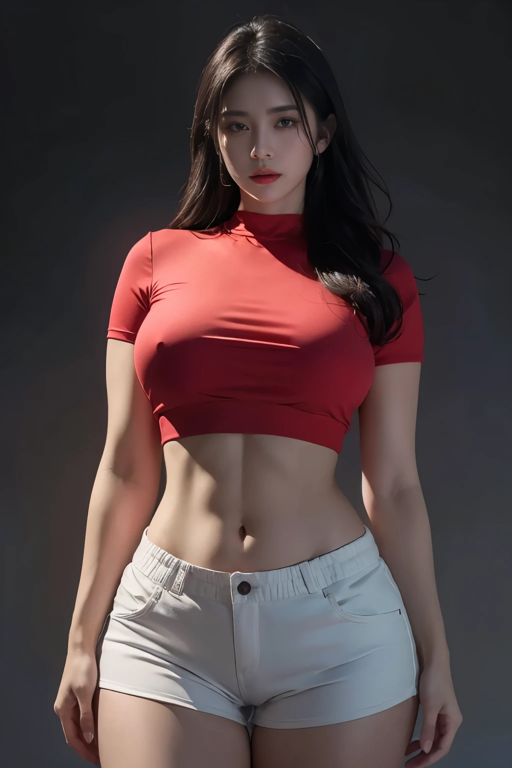 a beautiful woman, plump body, red crop top, white shorts, perfect abs, big thighs, dark theme, gray background, dark mood, dramatic lighting, highly detailed, photorealistic, 8k, cinematic, masterpiece, hyper-realistic