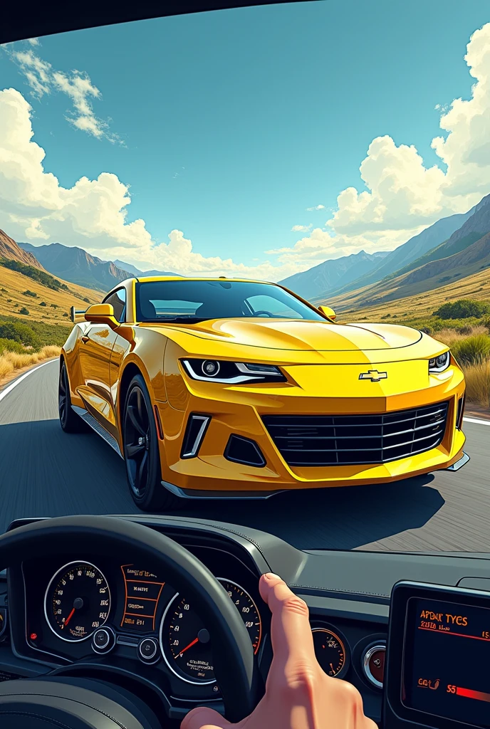 A dashboard A yellow Camaro car, in a landscape In drawing, Horizontal