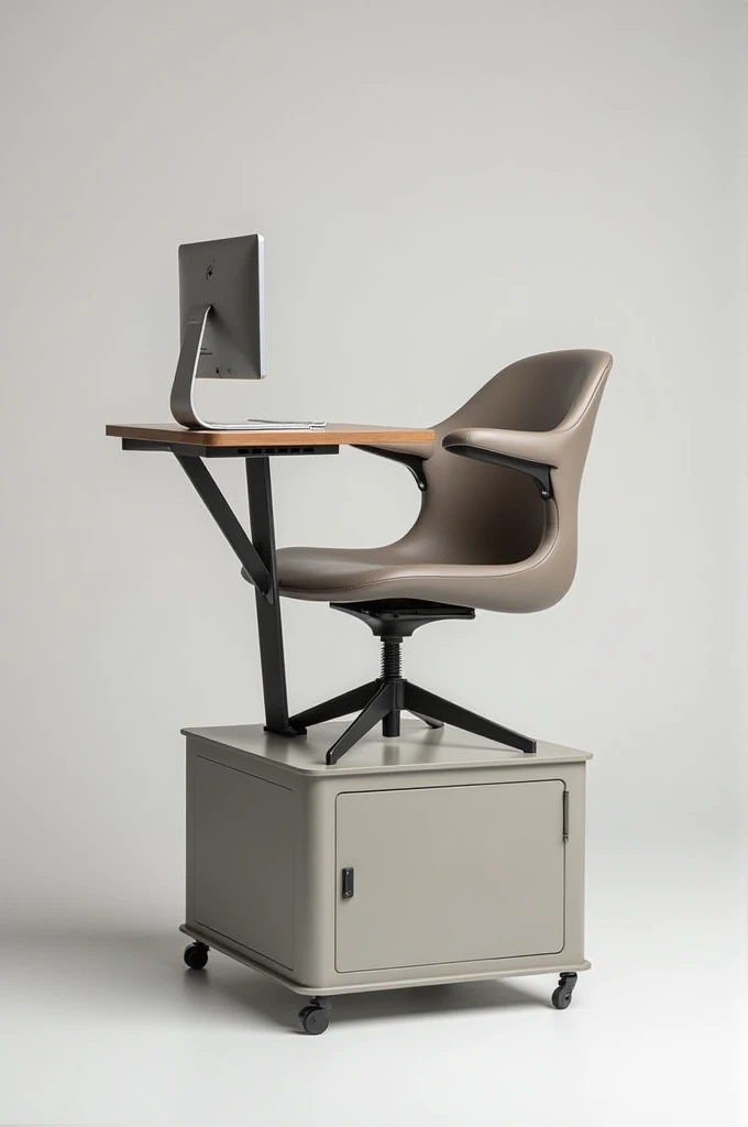 A chair that has a desk and has a locker at the bottom of it