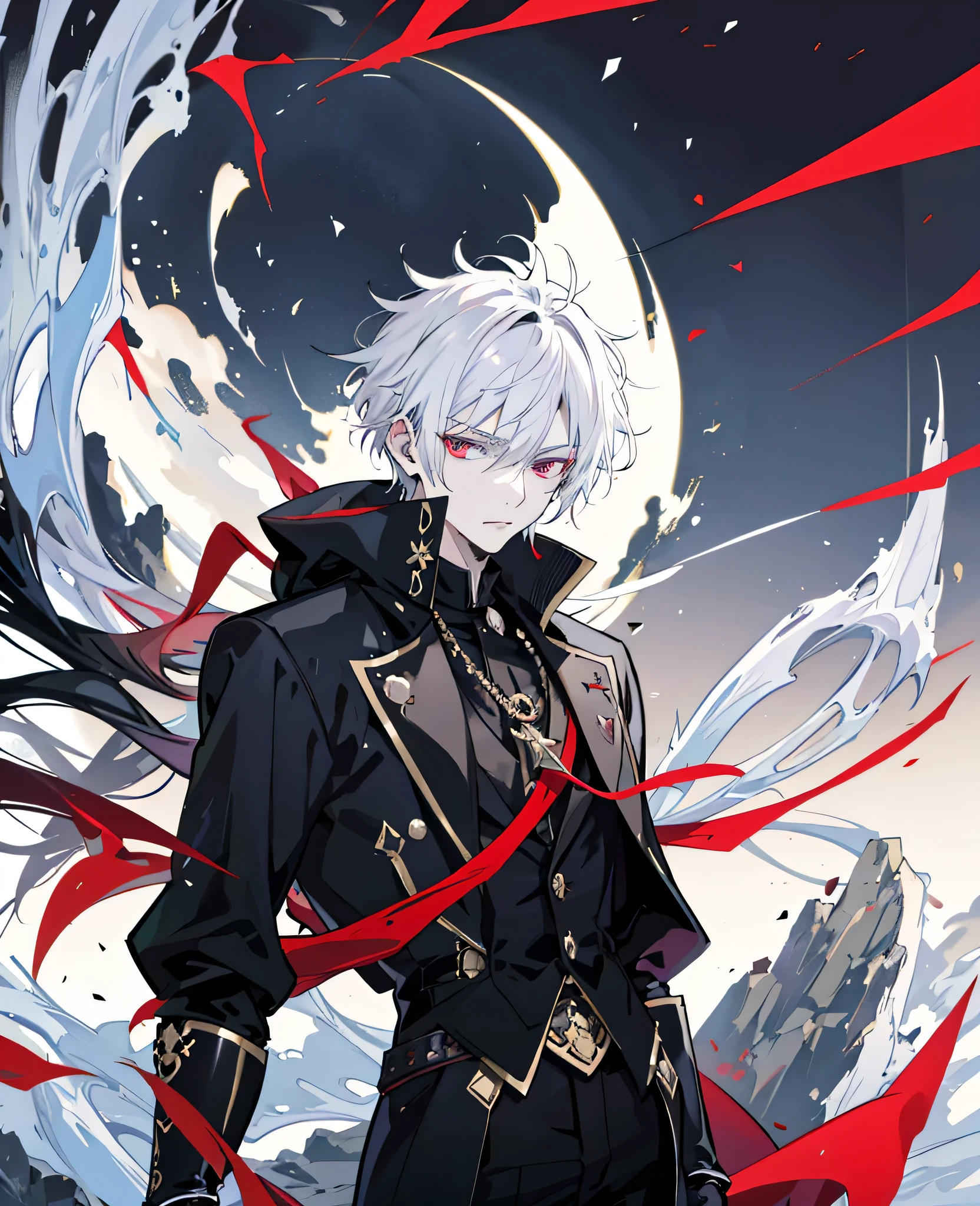 anime style image，Man wearing black suit and red cloak, Handsome guy in the art of slaying demons, Wearing a black noble suit, Inspired by Hiro Yamagata, Exquisite androgynous prince, beautiful androgynous prince, Male anime characters, androgynous vampire, Handsome male vampire, Alucard, author：Yang Jie, steampunk aesthetic,((white hair)),