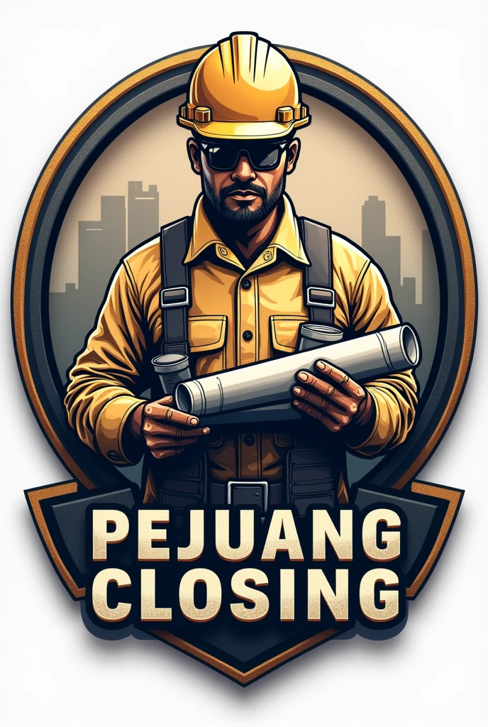 "A sophisticated emblem ilustration of a construction worker with a blueprint and hard hat, framed by a circular border to symbolize unity and strength with a quote "Pejuang Closing". The logo uses a metallic texture and a bold, serif font.
High resolution emblem