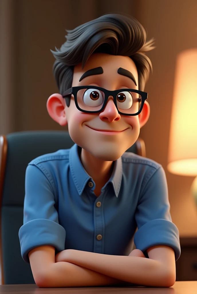 Cartoon character of a man in black glasses and blue shirt, an animated character, stylized character, animation style rendering, 3d stylized, Arnold Maya rendering, Stylized 3D rendering, toon render screenshot, 3d character, 3d character, Stylized 3D rendering, 3D character rendering, cartoon character, Personagem de close up, character posing, (Pixar-style) (master part:1.2) (bokeh) (best qualityer) (skin detailed) (detailed texture) (8k) (Argilla) (cinematic lighting) (sharp focus,Sit down and lift your upper body