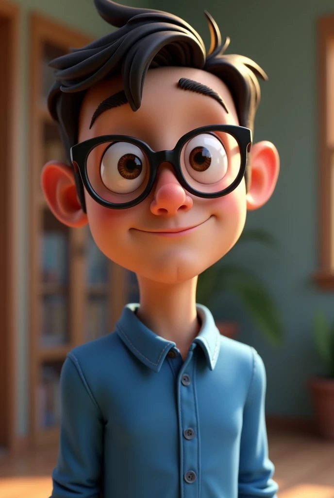 Cartoon character of a man in black glasses and blue shirt, an animated character, stylized character, animation style rendering, 3d stylized, Arnold Maya rendering, Stylized 3D rendering, toon render screenshot, 3d character, 3d character, Stylized 3D rendering, 3D character rendering, cartoon character, Personagem de close up, character posing, (Pixar-style) (master part:1.2) (bokeh) (best qualityer) (skin detailed) (detailed texture) (8k) (Argilla) (cinematic lighting) (sharp focus，Sit down and lift your upper body