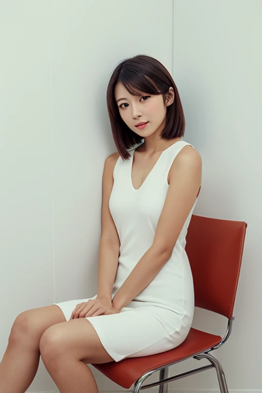 lens: 135mm f1.8,(Highest quality), (Beautiful 24 year old Japanese girl), (Moisturized lips), Narrow eyes, double eyelid,Delicate clavicle,Flat Chest,Very short hair,
(Let me me me me'Let me me me'Let me me'Let me'Let's take another look), shame, A faint smile,
(In front of a white wall:1.2), Professional Lighting,
(Japanese 、Transparent blackVNeck Sleeveless Dress Shirt), (Sunburned skin:0.2),Full body photo、Full Body Focus、Sit upright in a chair、Beautiful legs
