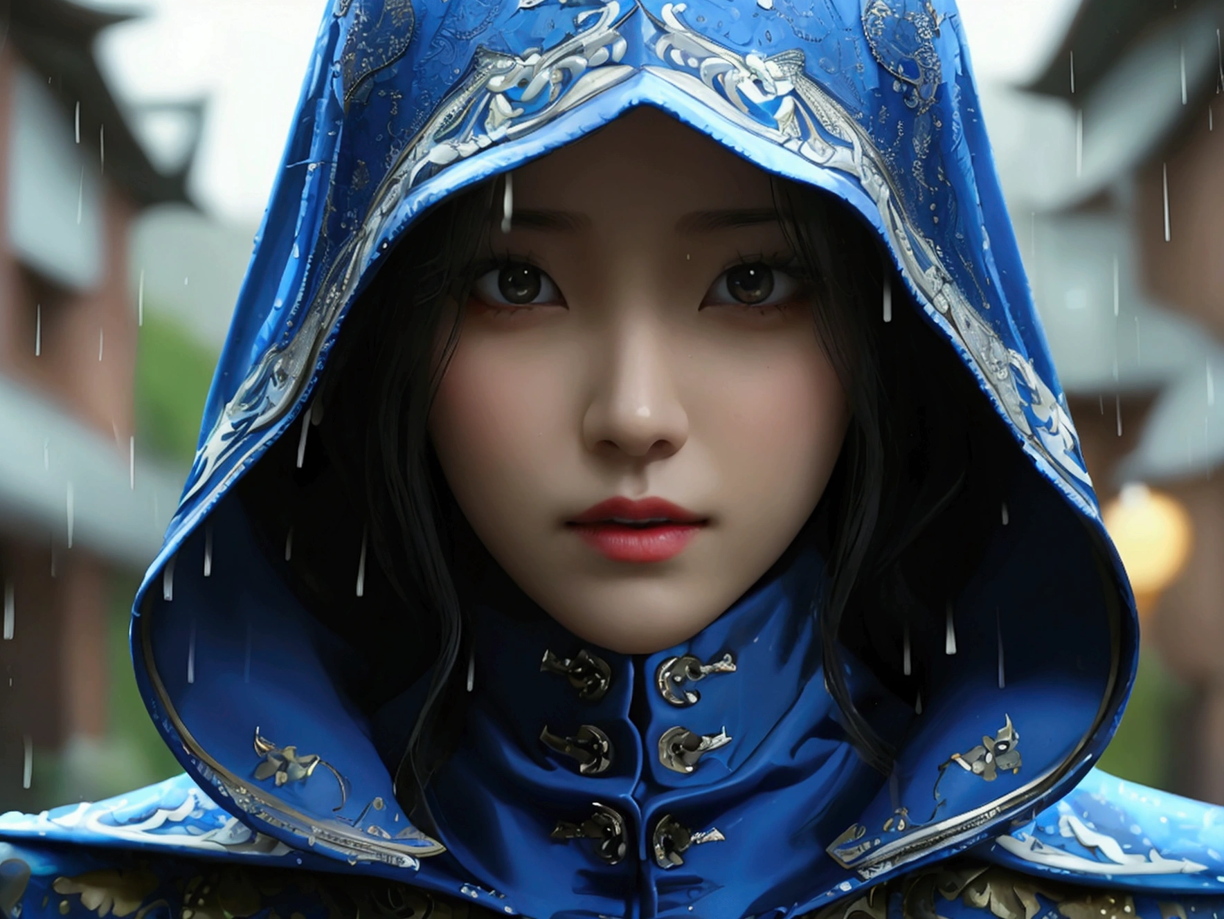 South korea women mystery hooded on with modern royal Blue coat with buttons and royal Blue cape and very high white heel over the knee and white gloves, As she reveals a small secret hidden blade, adding to the character’s mysterious and agile appearance, with small movements of air on the cape, in summer at night under the rain, with buildings featuring curved eaves and detailed architecture. The scene is set at night, she slit a person's throat , intricate detail, ultra detail, incredible detail, intricate detail, extremely detailed and intricate, super max, masterpiece, best quality, HDR, UHD, unreal engine. , beautiful face, Rich in details High quality, gorgeous, captivating, 8k, super detailed, stunning shadows, detailed lines