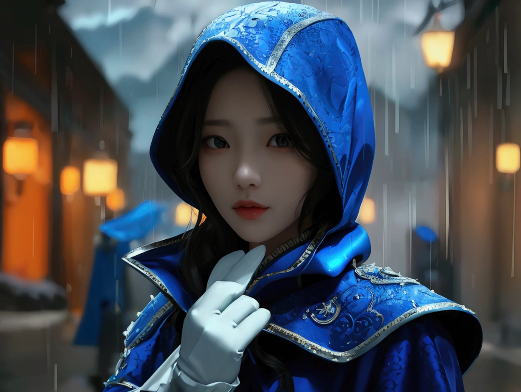 South korea women mystery hooded on with modern royal Blue coat with buttons and royal Blue cape and very high white heel over the knee and white gloves, As she reveals a small secret hidden blade, adding to the character’s mysterious and agile appearance, with small movements of air on the cape, in summer at night under the rain, with buildings featuring curved eaves and detailed architecture. The scene is set at night, she slit a person's throat , intricate detail, ultra detail, incredible detail, intricate detail, extremely detailed and intricate, super max, masterpiece, best quality, HDR, UHD, unreal engine. , beautiful face, Rich in details High quality, gorgeous, captivating, 8k, super detailed, stunning shadows, detailed lines
