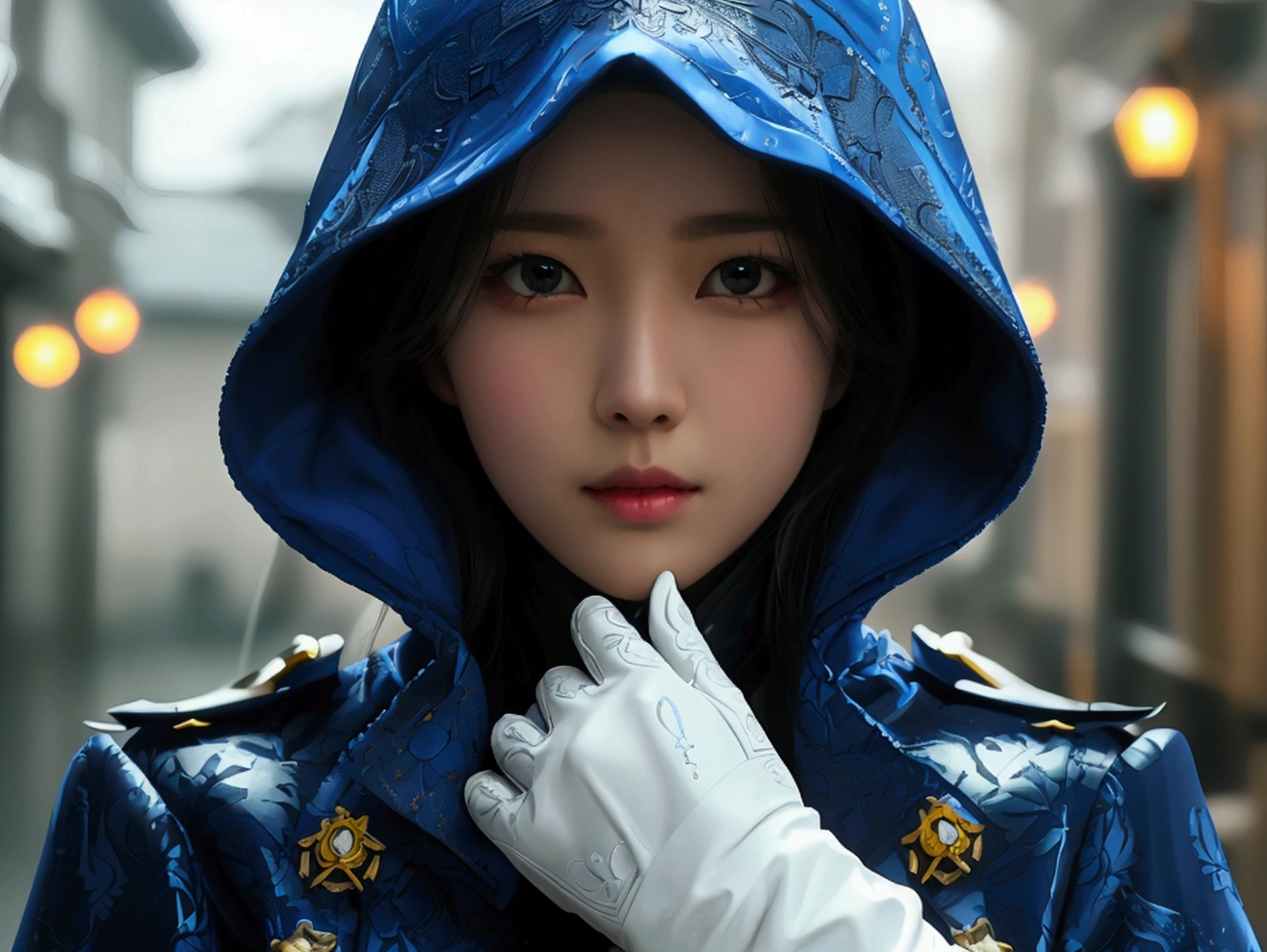 South korea women mystery hooded on with modern royal Blue coat with buttons and royal Blue cape and very high white heel over the knee and white gloves, As she reveals a small secret hidden blade, adding to the character’s mysterious and agile appearance, with small movements of air on the cape, in summer at night under the rain, with buildings featuring curved eaves and detailed architecture. The scene is set at night, she slit a person's throat , intricate detail, ultra detail, incredible detail, intricate detail, extremely detailed and intricate, super max, masterpiece, best quality, HDR, UHD, unreal engine. , beautiful face, Rich in details High quality, gorgeous, captivating, 8k, super detailed, stunning shadows, detailed lines