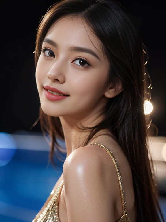 Latex bodysuit、Knee-high boots、Huge 、Long brown hair、Shiny, Oily skin、Glowing Skin、Indoor competition pool、White skin、 Body Portrait, 8k, Narrow and beautiful eyes, Dindal effect, masterpiece, 最high quality, high quality, High resolution, Very detailed photos, (Natural skin texture, Fine skin, Hyperrealism, Ultra Sharpness) , Skin with attention to detail, (Very fine, Fine skin texture, Intricate details, Beautiful Face, (A vivid face), Realistic eyes, Beautiful and detailed, Realistic Skin, Beautiful Skin, surreal, Very detailed, Golden Ratio, Smiling Eyes, ((Night moonlight background)), Body Portrait,  glamorous, Shiny Bodysuit