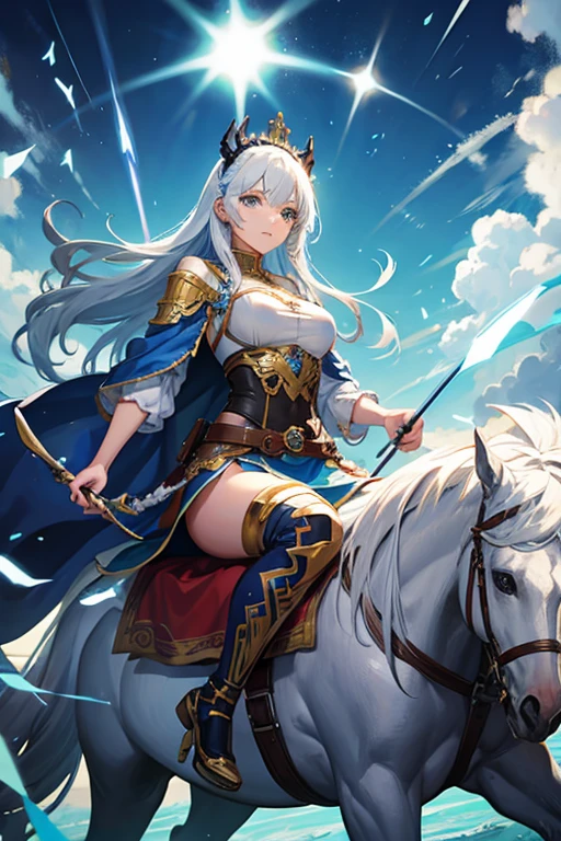 Woman, warrior riding a blue horse, with white hair, lightning bow and arrow, turquoise blue queen crown. defined body