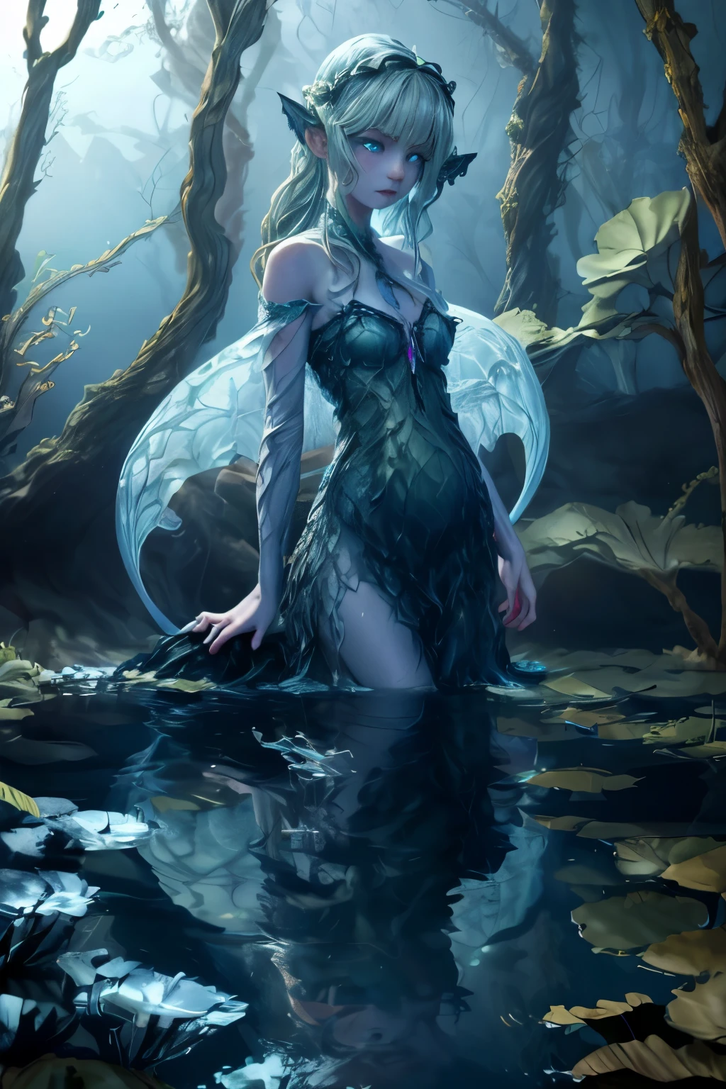 Photorealistic, and extremely detailed picture of a mysterious woman, solo, she has (glowing blue eyes:1.3), (she is a water nymph:1.4), (blonde hair), (seaweed in hair:1.3), dark gaze, prety face, she has pale skin with green tone, her skin has ((fish scales)) in some places, she wears long dress made of a dress ((made of aquatic plants and seaweed)), looking at the viewer, she stands in a (mysterious lake:1.3) with (dark water), dark trees around, shadow in the corners, (mysterious lake:1.3), hazy beauty, mysterious feeling, photorealism, detailed, cinematic lighting effects