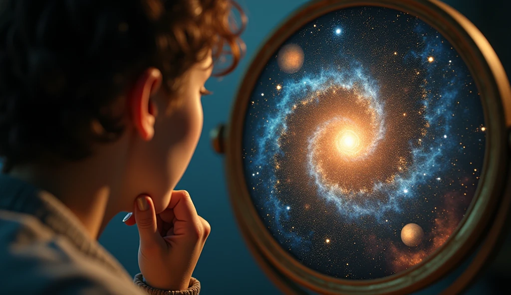 Close-up of a thoughtful person looking into a mirror, where instead of their reflection, a swirling cosmic scene appears. The reflection shows galaxies, planets, and zodiac symbols, suggesting deep introspection and cosmic connection. The expression on the person's face is one of curiosity and awe. -ar 16:9