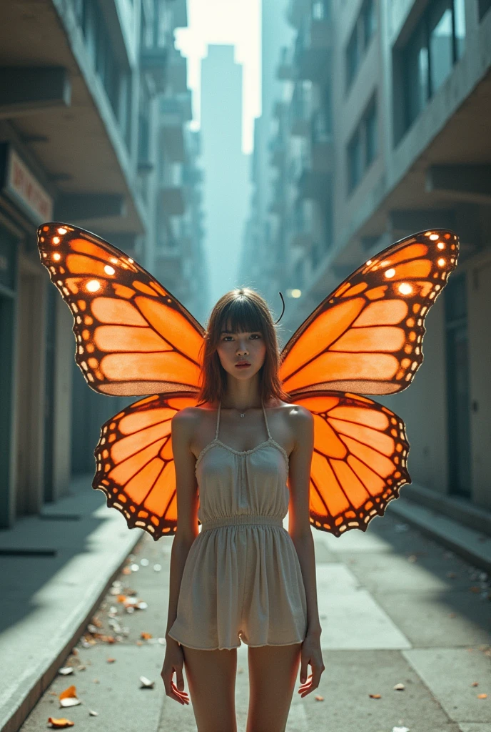 editorial photography,super detailed background,Super realistic,double exposure,depth of field,beauty skinny young angel vibes,soft focus white tone,narrative scene,open lips,Super short straight hairstyle,bright swallowtail butterfly huge wings,from directly below,Futuristic decadent cyberpunk urban alley,Scattered scales,at midnight,