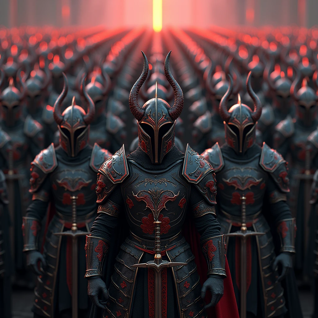 Imperial Army, thousands of warriors with swords, His armor is very ornate and (Black color with blood red tones). instill fear, All helmets have infernal shape