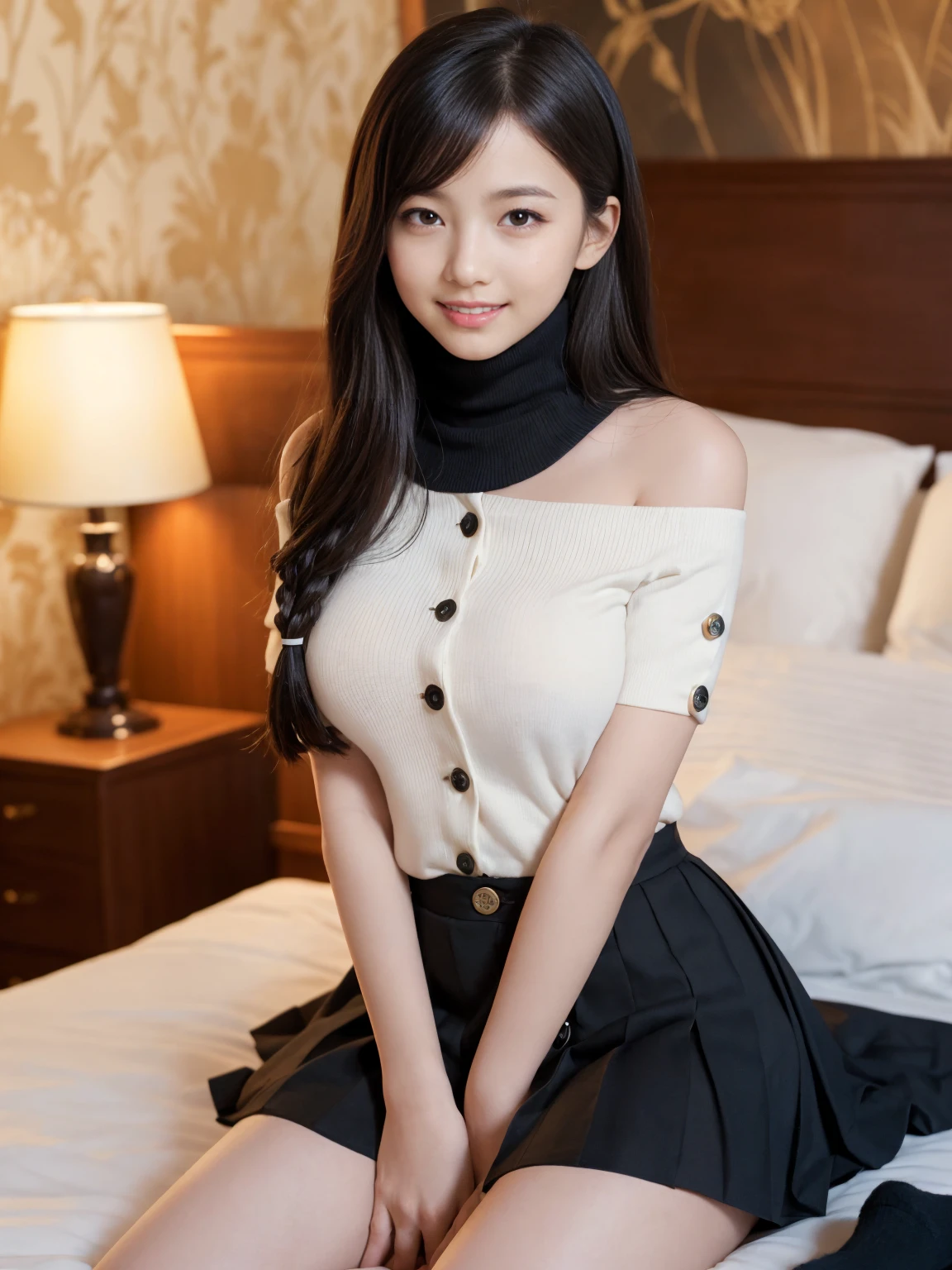 masterpiece, Highest quality, figure, Very detailed, The finer details, High resolution, 8k,wallpaper, Perfect dynamic composition,(Detailed high quality:1.3)、Seraphim, (The background is an empty hotel bed:1.3), Deep in the field, Black hair color, Big Natural Color Lip, (Perfect figure), (smile)、Harajuku Style, Adorable expression、Expressions of happiness、Amazingly cute、Cute type、Beautiful feet, Idol Sculpture、(Big Breasts:1.5)、(Off-the-shoulder shirt with buttons on the chest:1.3)、(mini skirt:1.3)、(Black thigh-high socks:1.3)、(Erect nipples:1.2)、(Young face:1.5)、(:1.5)、(Primary scho stature:1.5)、Braid、Glasses、(Sit on the bed with your legs spread wide apart:1.2)