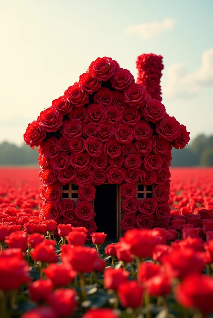 A house made of red roses,Cute atmosphere,Happy image,The background is a field,Masterpiece.
