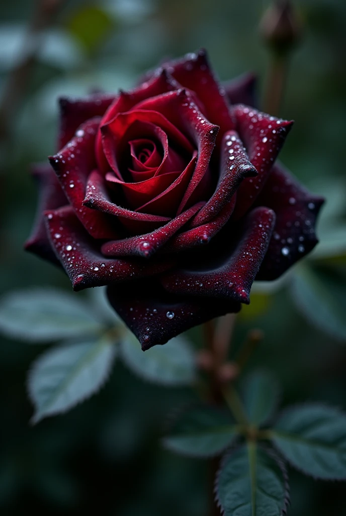 Black roses grow on garden bushes.,black roses in cinematic light, Black Rose Twinings, with black and burgundy tones, Photo taken on Canon 5D, soft light 8k.dew drops