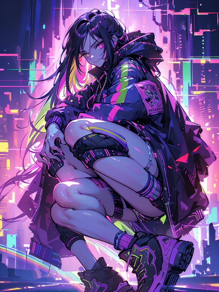 Demon woman with cyberpunk accessories Cyberpunk long hair, Purple Hair,Devilish smile, (((Wearing a purple cyberpunk jacket, White high top sneakers with socks, Denim shorts))), Strong thighs, {Highly detailed 16K CG unit wallpaper}, Vast landscape photography, (Low view focused on character, setting), (Wide field view), (Photo Low angle), (highlight: 1.4), (Low Light: 1.4), (Warm light source: 1.5), Intricate details, (Rainbow colors: 1.4), (Bright lighting), (Atmospheric lighting), dream-like, single,neon,night,High resolution, Highest quality, High-resolution model, High detail, Ultra high definition, Touching hair with hands,Character portrait