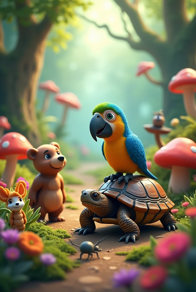 In a forest full of colors, there lived a turtle, an ant a bear an animated parrot
