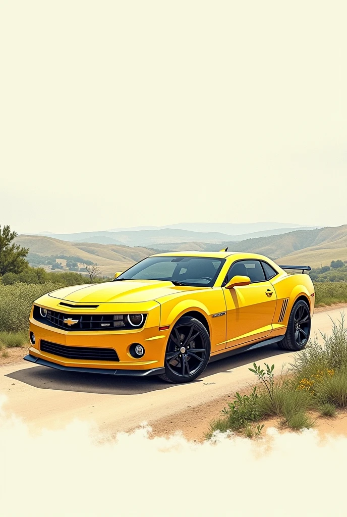 A dashboard A yellow Camaro car, in a landscape In drawing, Horizontal
