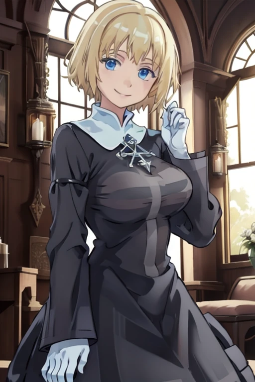 Solo, 1girl, orsolaAquinas, smile, short hair, blue eyes, blond hair, long sleeves, black dress, long skirt, medium breasts, white gloves, nun, habit, nun veil,Masterpiece, Best Quality, 