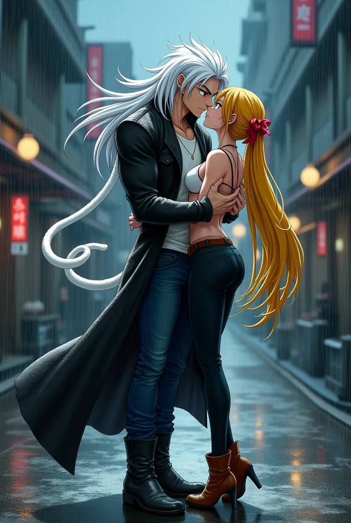 man,long straight white hair,Red eyes,semi muscular,White T-shirt,long black jacket,dark blue jean pants,black boots,white monkey tail,next to a woman with a seductive body,long yellow hair tied with a red ribbon,sky blue eyes,white short sleeveless shirt,black pants stuck to his legs,brown boots kissing passionately in a city in Japan at night in the rain(dragon ball style)