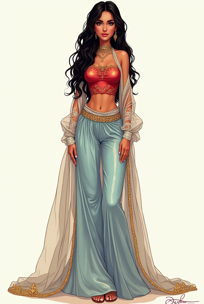ultra-detailed cartoon drawing of the highest quality, arab-indian woman as beautiful as the miss universe,
She's wearing a metallic crimson satin indian sari top,
She's wearing a translucent iridescent light blue arabian arab harem pants,
She's wearing a sparkling seethrough golden lamé see-through floor-length golden lamé skirt,
She's wearing a shimmering light gray silk open robe over her clothes, She's wearing open-toe high heeled sandals,
She's wearing intricate sheer white lace bridal gauntlets.