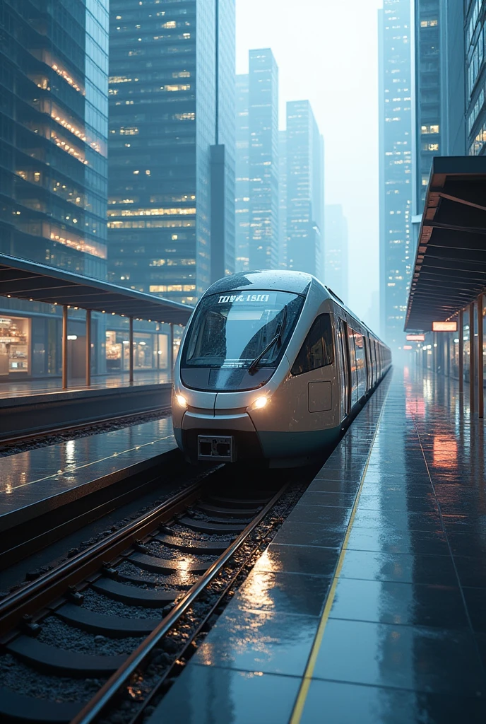 generates a photo of a train in a futuristic city but the train is not so futuristic but modern


