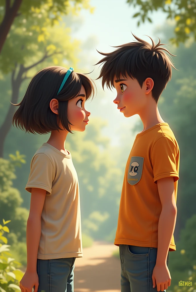 A girl cut hari shot and wear K t-shirt her near a boy wear M t-shirt