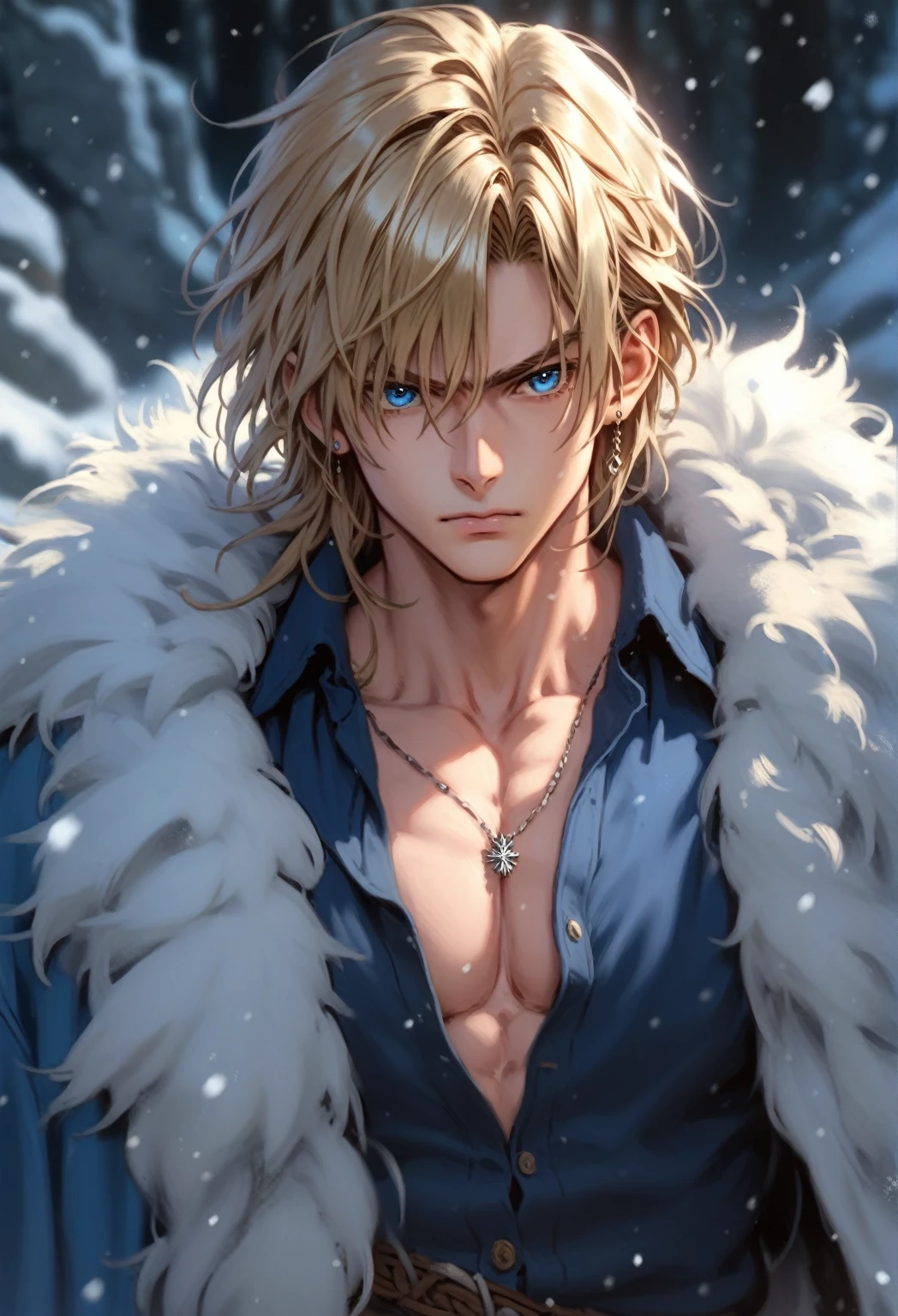 absurdities, High resolution, ultra detailed, HdR, masterpiece, realism, realist, 30 year old adult man, rasgos muy masculines, serious, Extremely detailed face and eyes, semi long straight hair, blond hair, bushy eyebrows, fringe, angry eyebrows, expressive blue eyes, rasgos masculines, detailed eyes, LOOKING AT THE SPECTATOR, 1 man, viking style clothing, masculine, blue clothes con abrigo de piel, snowy background, White skin, viking necklace, blue clothes, white earrings, Wizard's Medallion, tidy hair, Complete plan, beefy chest, realism magico, masculine, men's clothing, vibrant colors, Fotorrealist, 8k, Best Quality, High resolution, cinematic lighting, intricate details, snow background.
