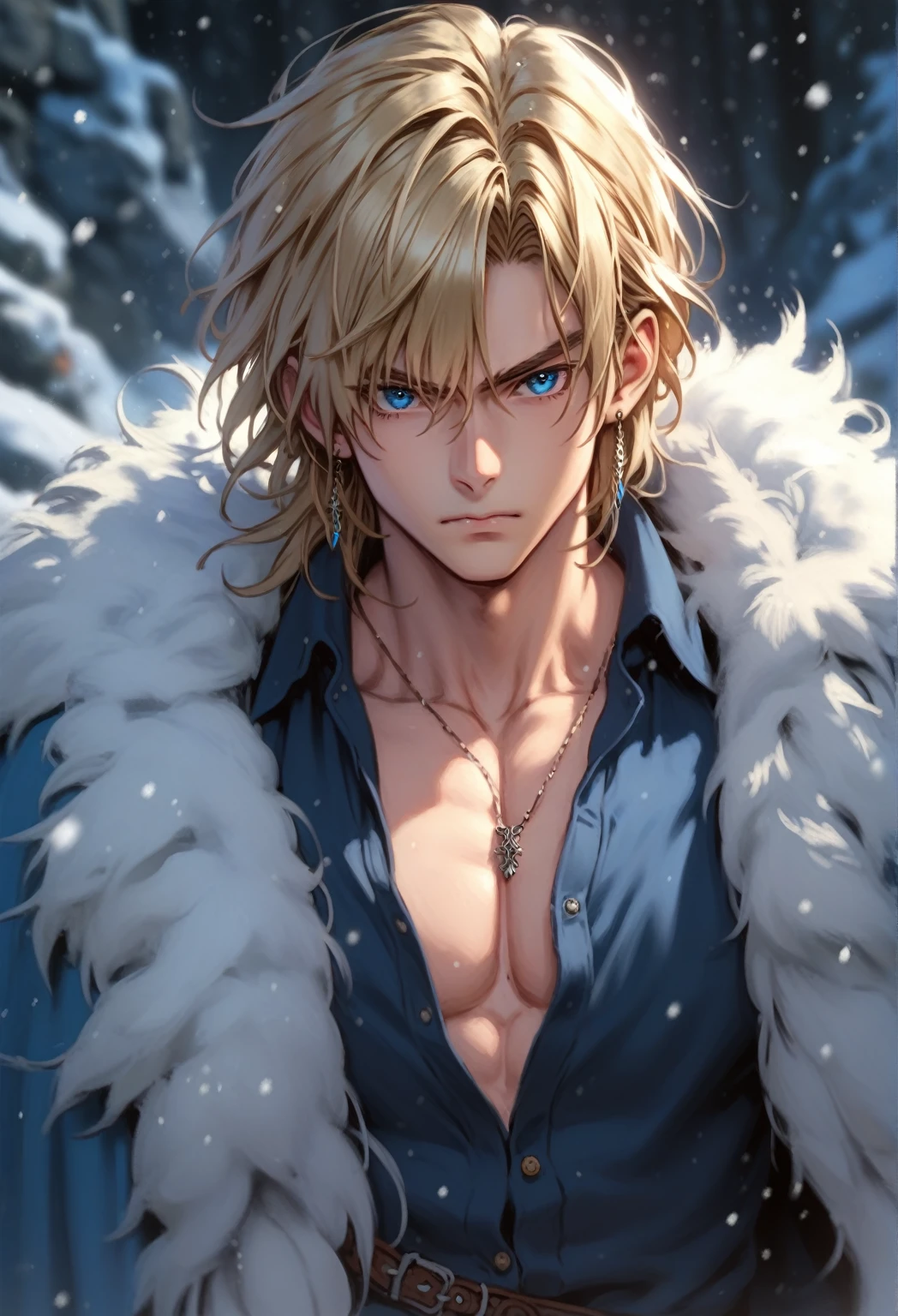 absurdities, High resolution, ultra detailed, HdR, masterpiece, realism, realist, 30 year old adult man, rasgos muy masculines, serious, Extremely detailed face and eyes, semi long straight hair, blond hair, bushy eyebrows, fringe, angry eyebrows, expressive blue eyes, rasgos masculines, detailed eyes, LOOKING AT THE SPECTATOR, 1 man, viking style clothing, masculine, blue clothes con abrigo de piel, snowy background, White skin, viking necklace, blue clothes, white earrings, Wizard's Medallion, tidy hair, Complete plan, beefy chest, realism magico, masculine, men's clothing, vibrant colors, Fotorrealist, 8k, Best Quality, High resolution, cinematic lighting, intricate details, snow background.